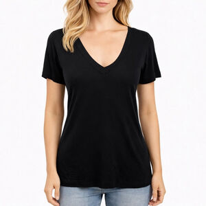 NATION LTD Blair Slim V-Neck T-Shirt Black Destructed Trim Supima Cotton Size L